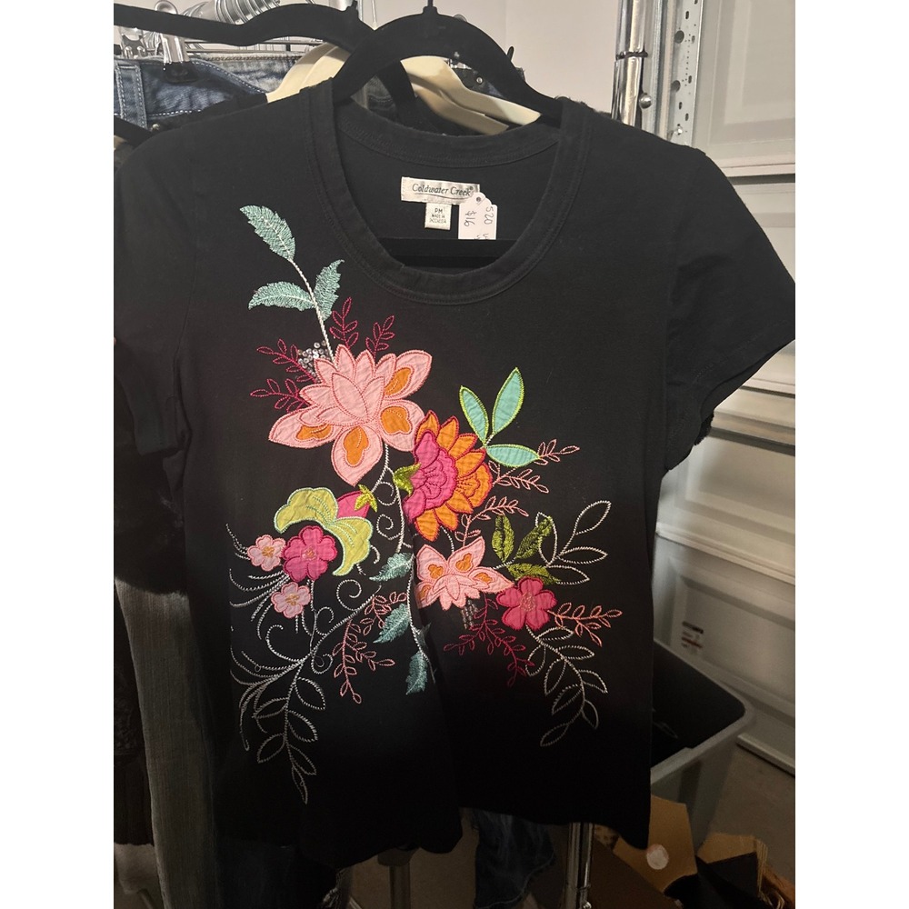 Floral Embroidered Black Tee Coldwater Creek Cottagecore Boho Short Sleeve PM